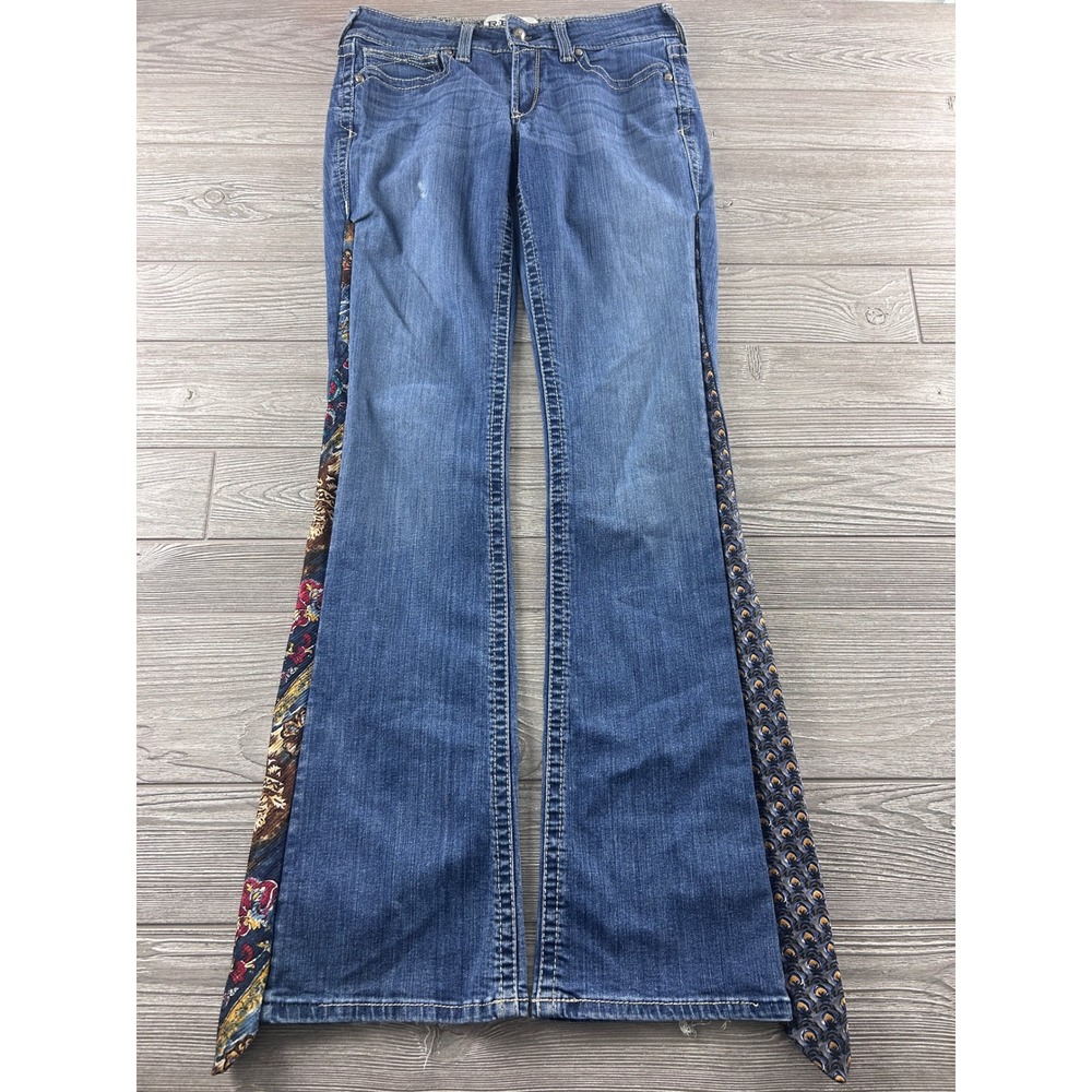 Ariat Real Denim Flared Jeans Blue Medium Wash Patterned Inset 30XL Rhinestone
